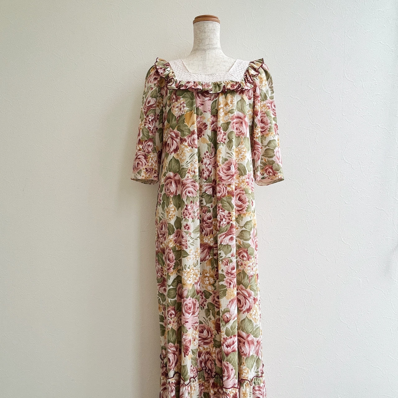 若葉色花花古著連身裙