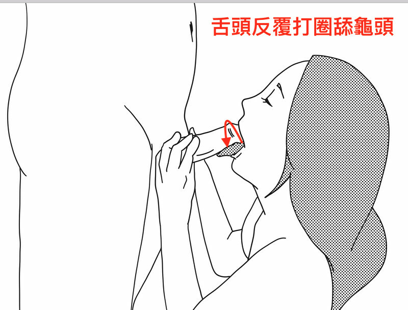 女生蹲下，上手握住男生陰莖，用舌頭打圈舔舐龜頭