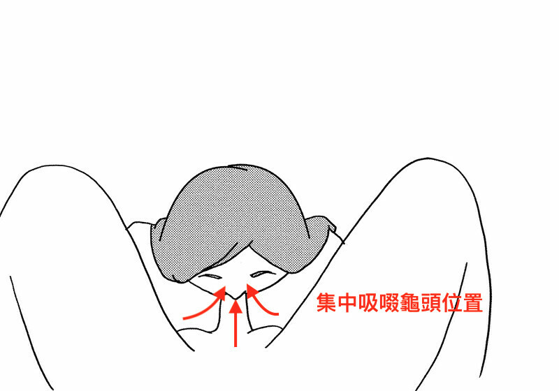 女生埋頭在男生胯下，含住陰莖不動，集中吸啜龜頭。
