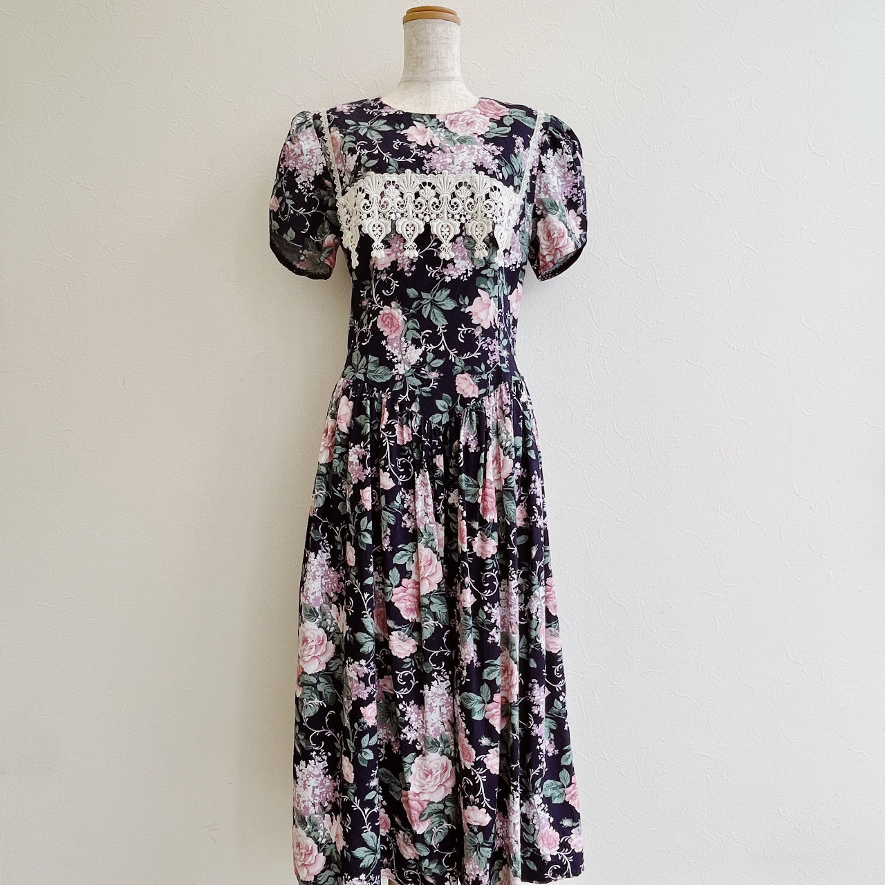 GUNNE SAX 80s藍色喱士領大花連身裙