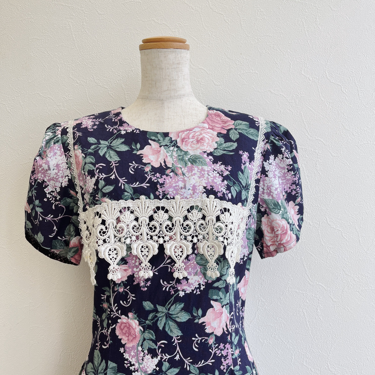 GUNNE SAX 80s藍色喱士領大花連身裙