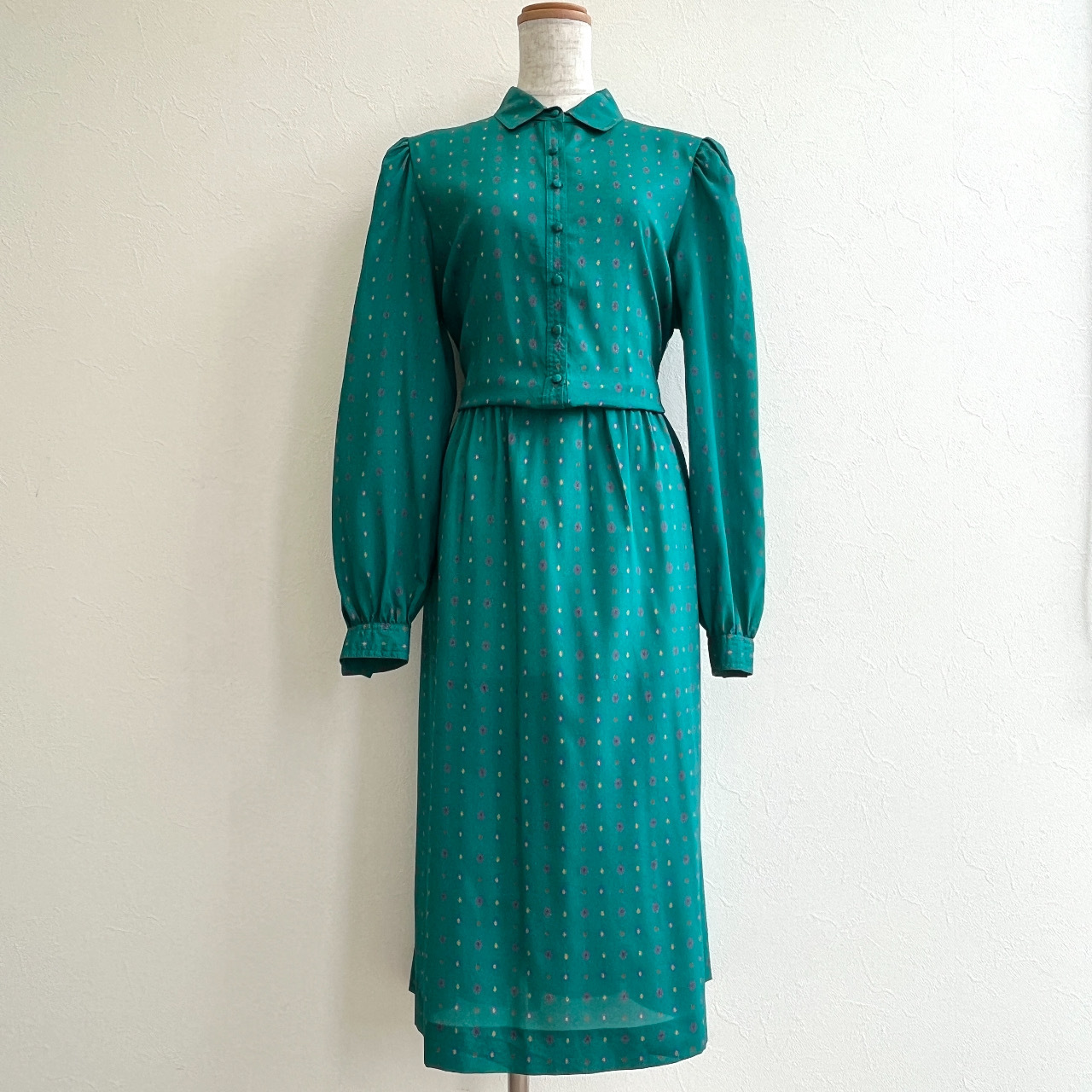 Leslie Fay 70s孔雀綠色長袖連身裙