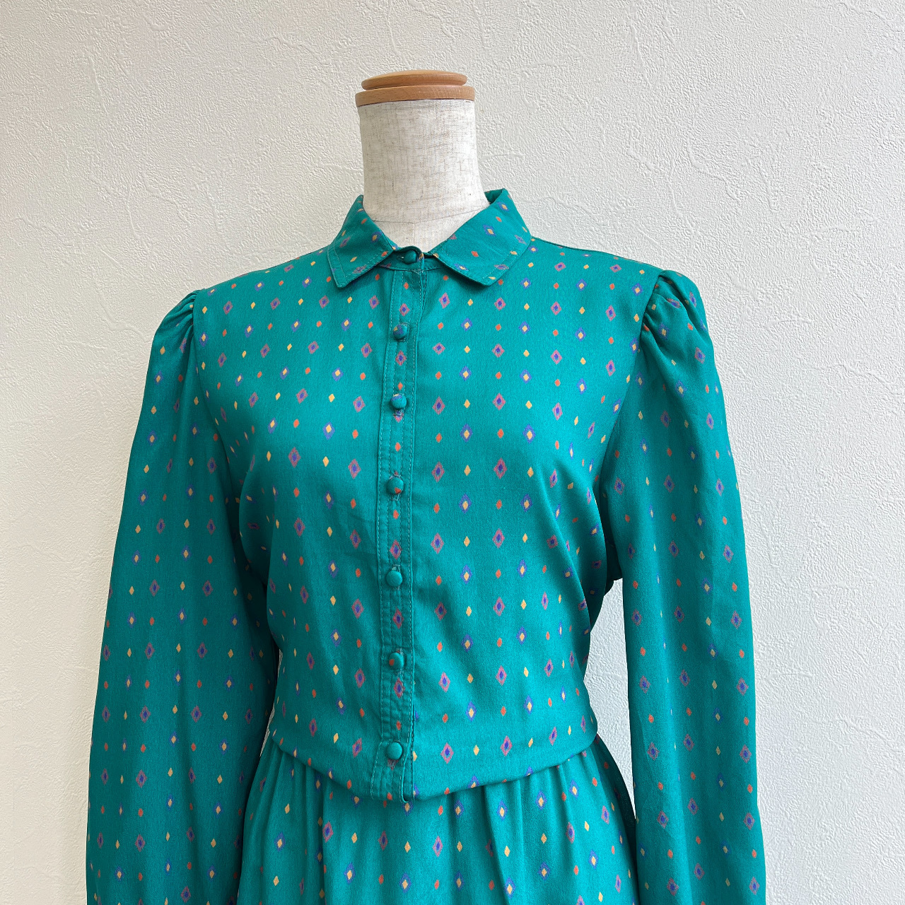 Leslie Fay 70s孔雀綠色長袖連身裙