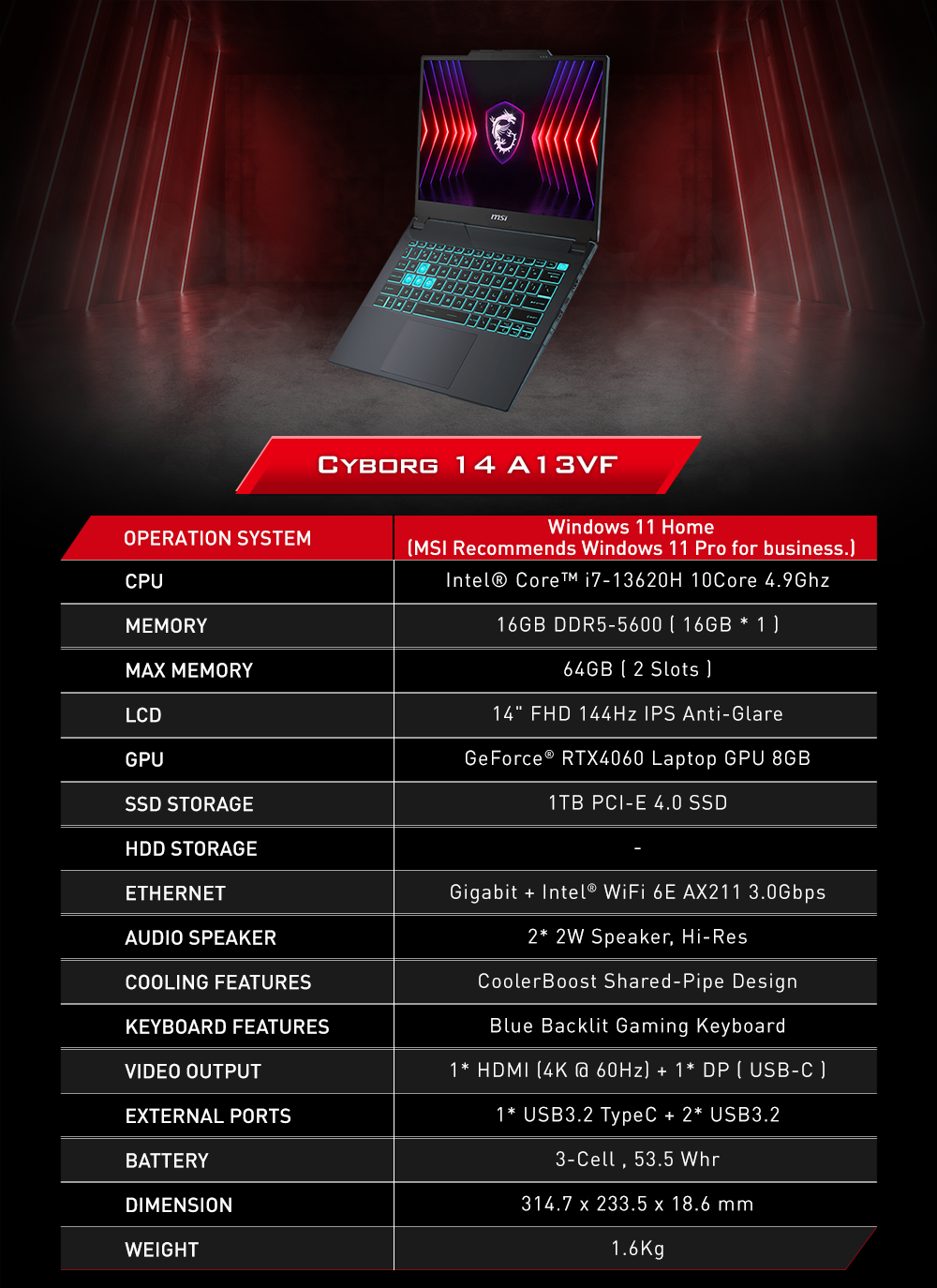 Cyborg 14 A13VF | MSI 香港特約網上商店 Cyborg 14 A13VF | MSI 香港特約網上商店
