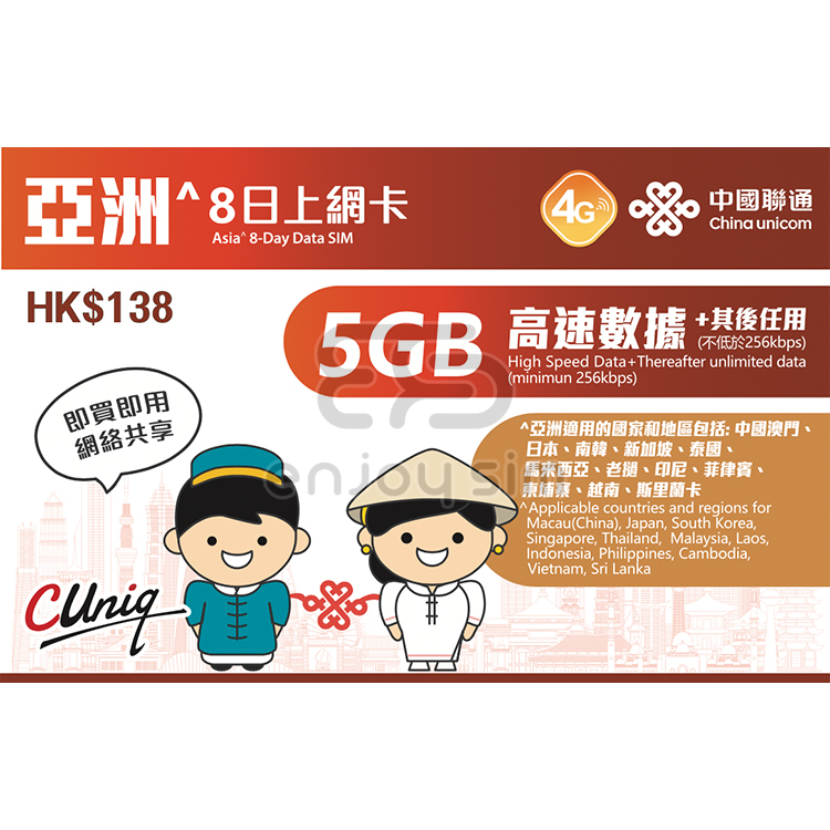 中國聯通 - 8日【亞洲】(5GB) 4G 無限上網卡數據卡SIM咭