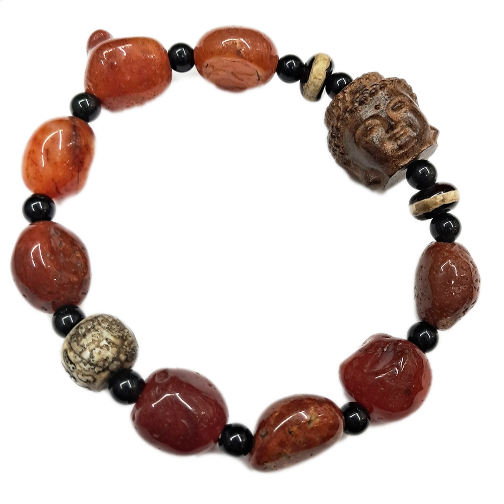 佛{沉木}&黑曜&紅玉髓手珠15*16mm【十方】153522