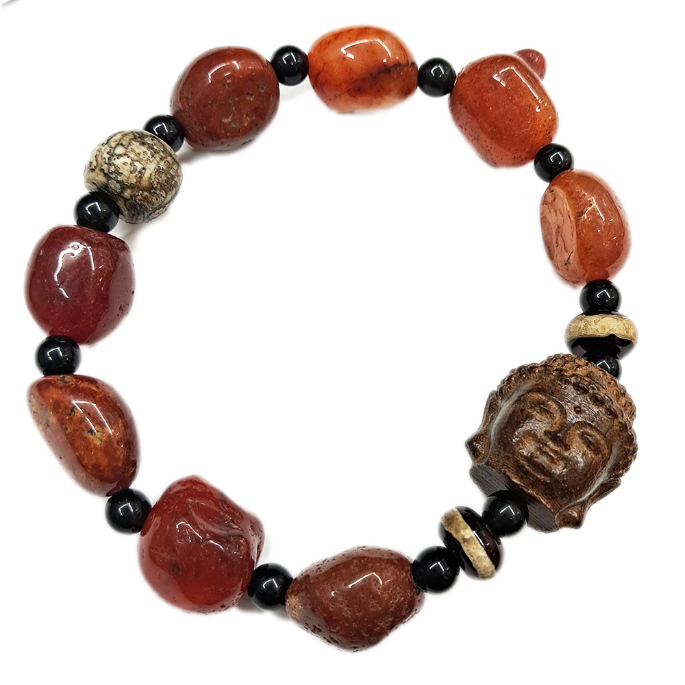 佛{沉木}&黑曜&紅玉髓手珠15*16mm【十方】153522