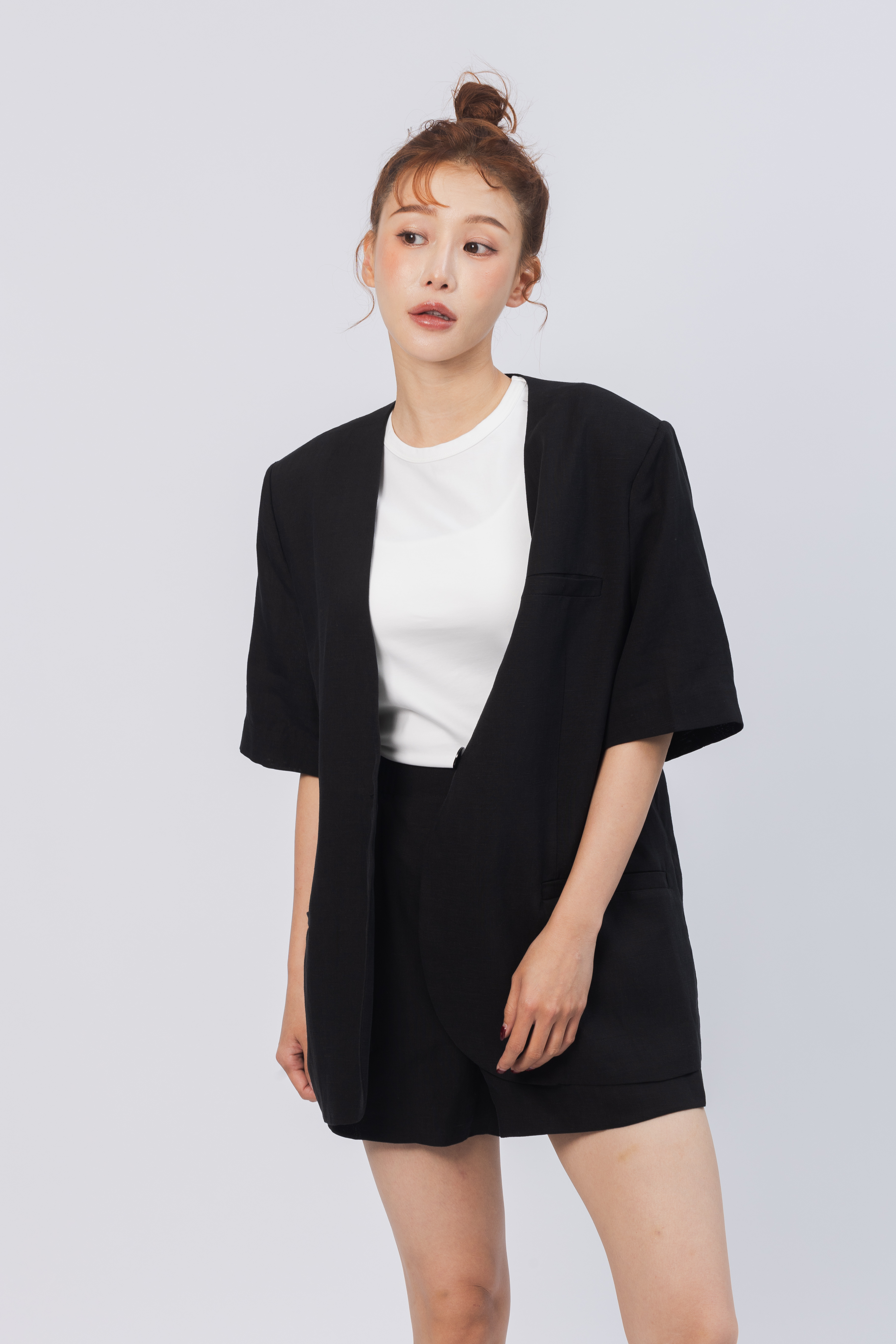 開襟棉麻短袖西外套裝