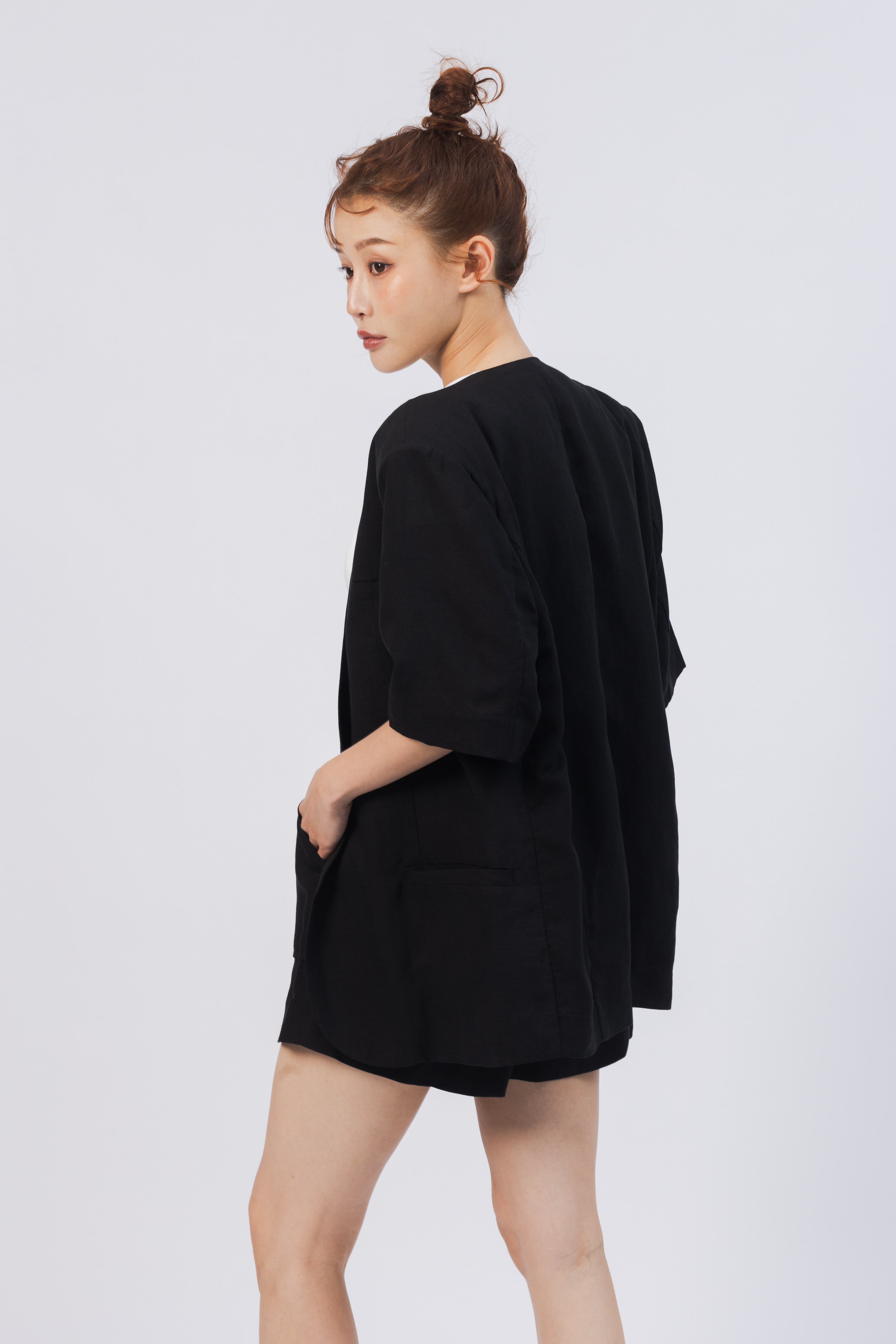 開襟棉麻短袖西外套裝