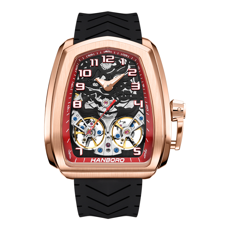 【Hanboro 衡寶】超跑系列 雙飛輪鏤空 動力儲存 快拆式 矽膠夜光 機械錶
