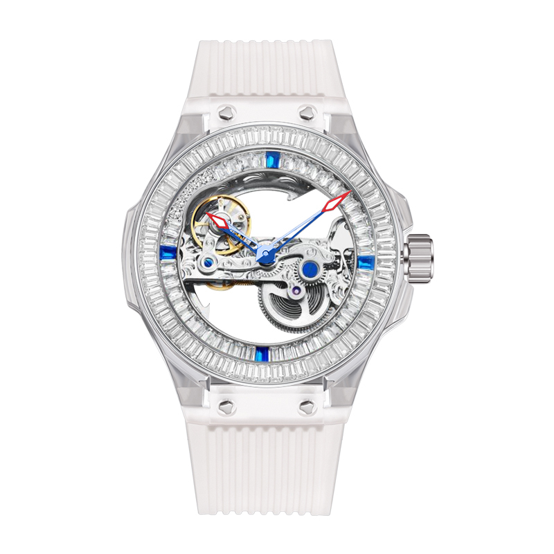 【Hanboro 衡寶】冰韌透明系列 方鑽60顆錶圈 鑲嵌52顆水晶鑽錶殼 矽膠 夜光機械錶