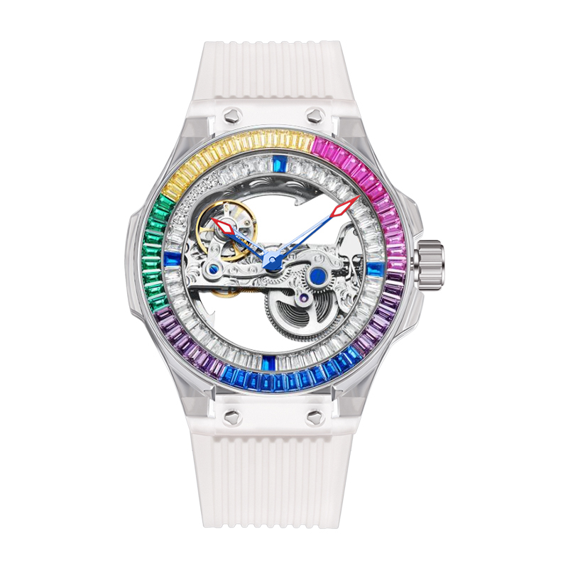 【Hanboro 衡寶】冰韌透明系列 方鑽60顆錶圈 鑲嵌52顆水晶鑽錶殼 矽膠 夜光機械錶