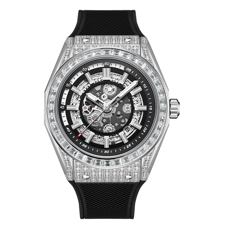 【Hanboro 衡寶】大爆炸系列 鑲嵌93顆批角水晶鑽錶殼 38顆方形水晶鑽錶圈 日期 鏤空 矽膠 夜光機械錶