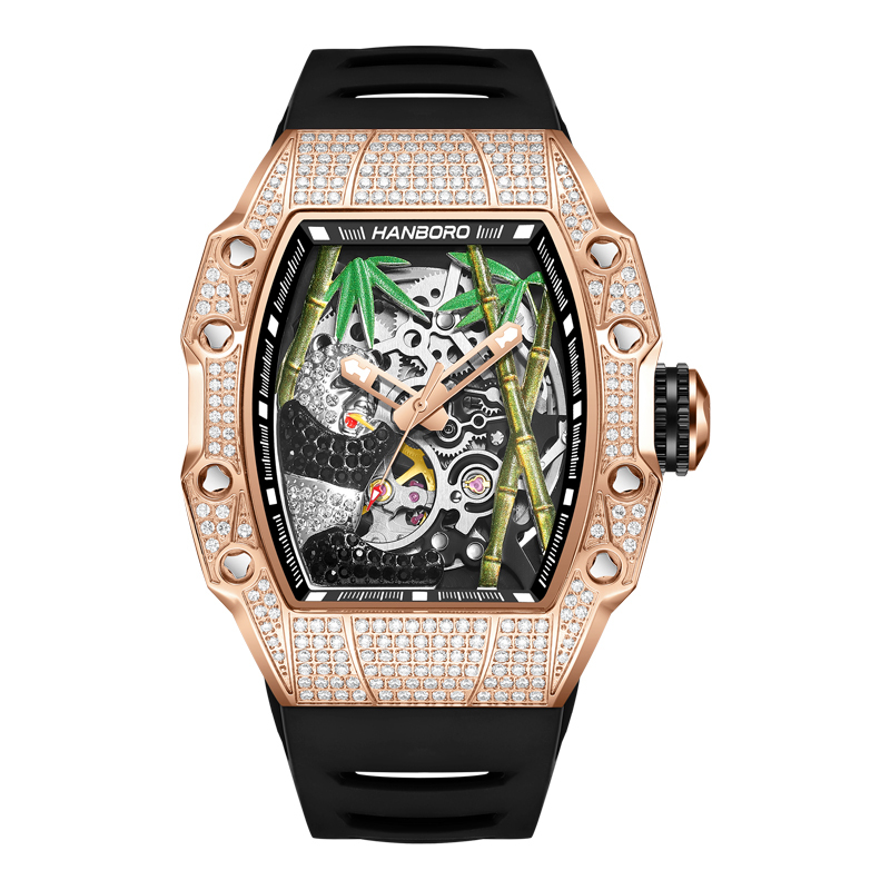 【Hanboro 衡寶】熊貓系列 21顆寶石軸承 動力儲存 240顆水晶鑽錶盤 鏤空錶盤 矽膠 夜光機械錶