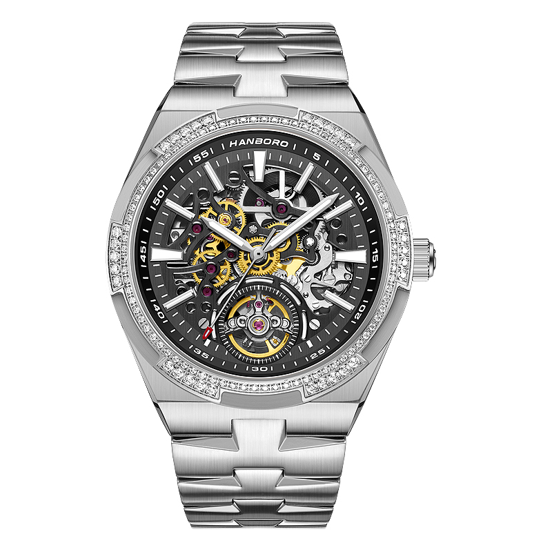 【Hanboro 衡寶】縱橫四海系列 限量款 110顆水晶鑽錶圈 動力儲存 雙面鏤空 不鏽鋼 夜光 機械錶