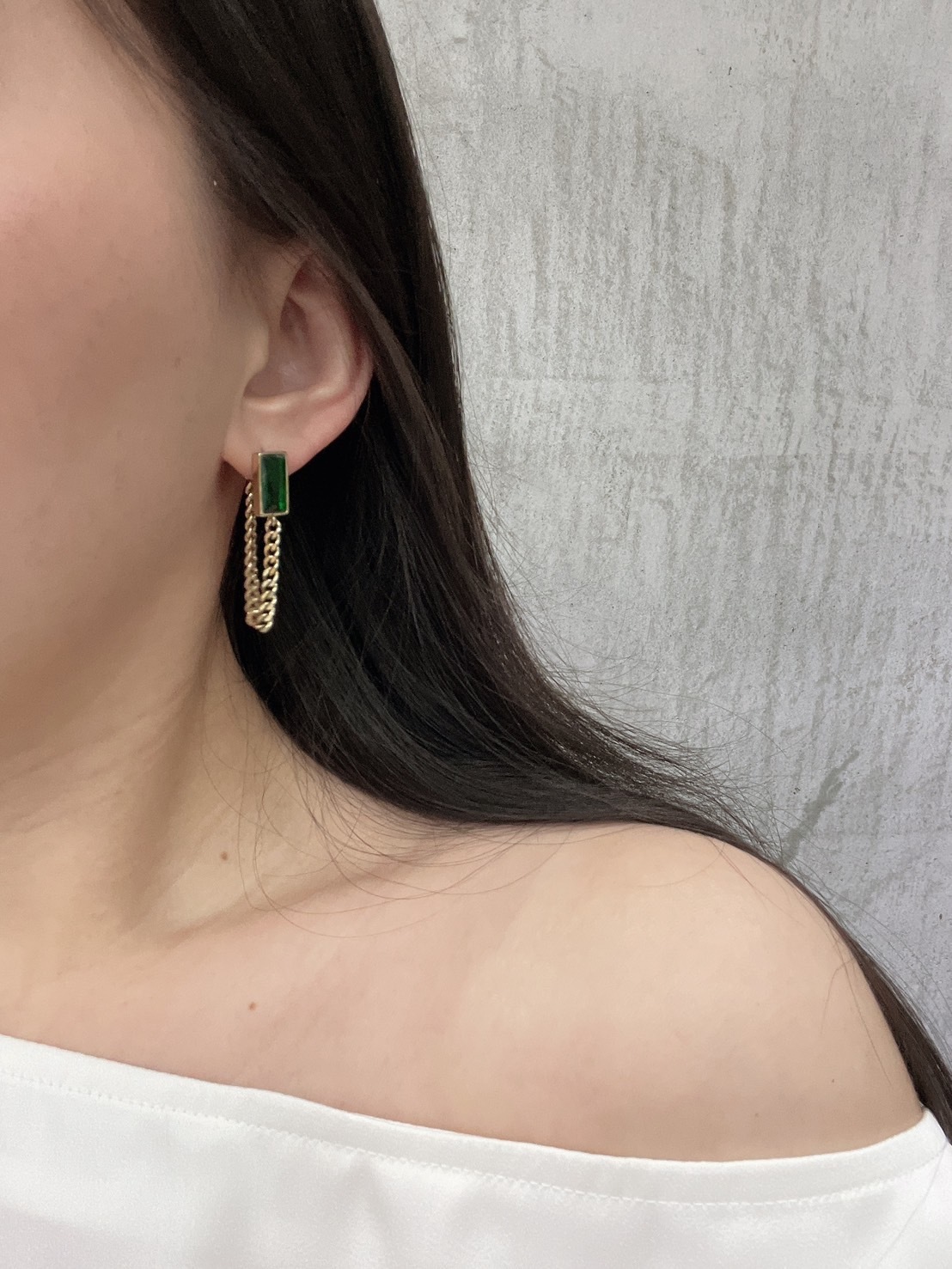 綠色方鑽 鍊條耳環(925銀針)