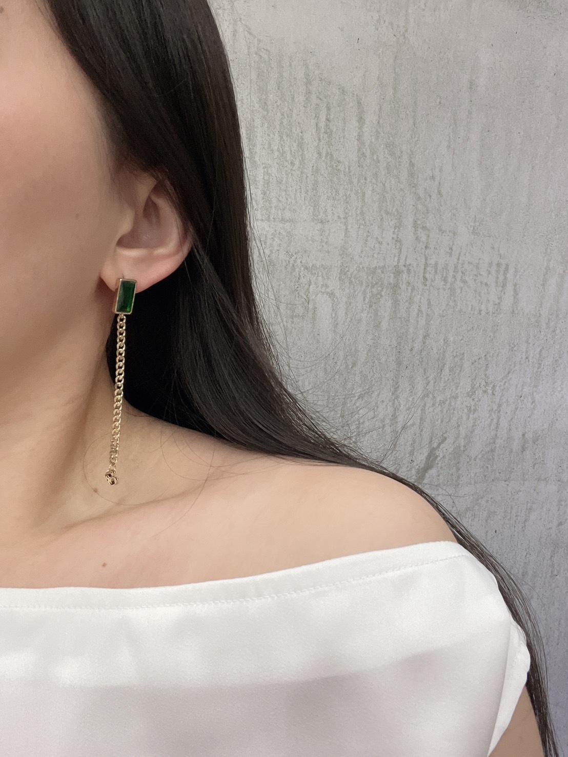 綠色方鑽 鍊條耳環(925銀針)
