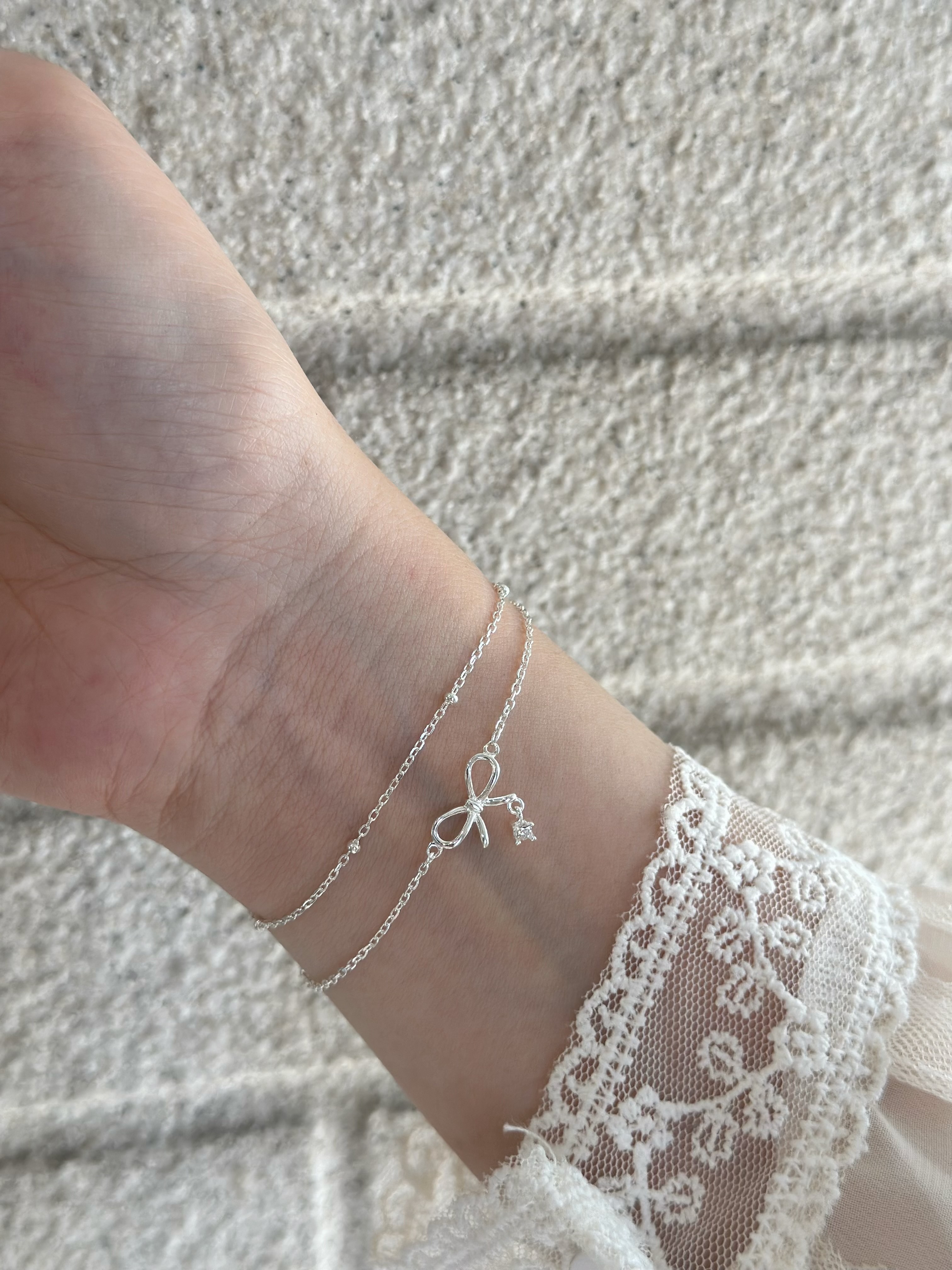 蝴蝶結單鑽雙層純銀手鏈
