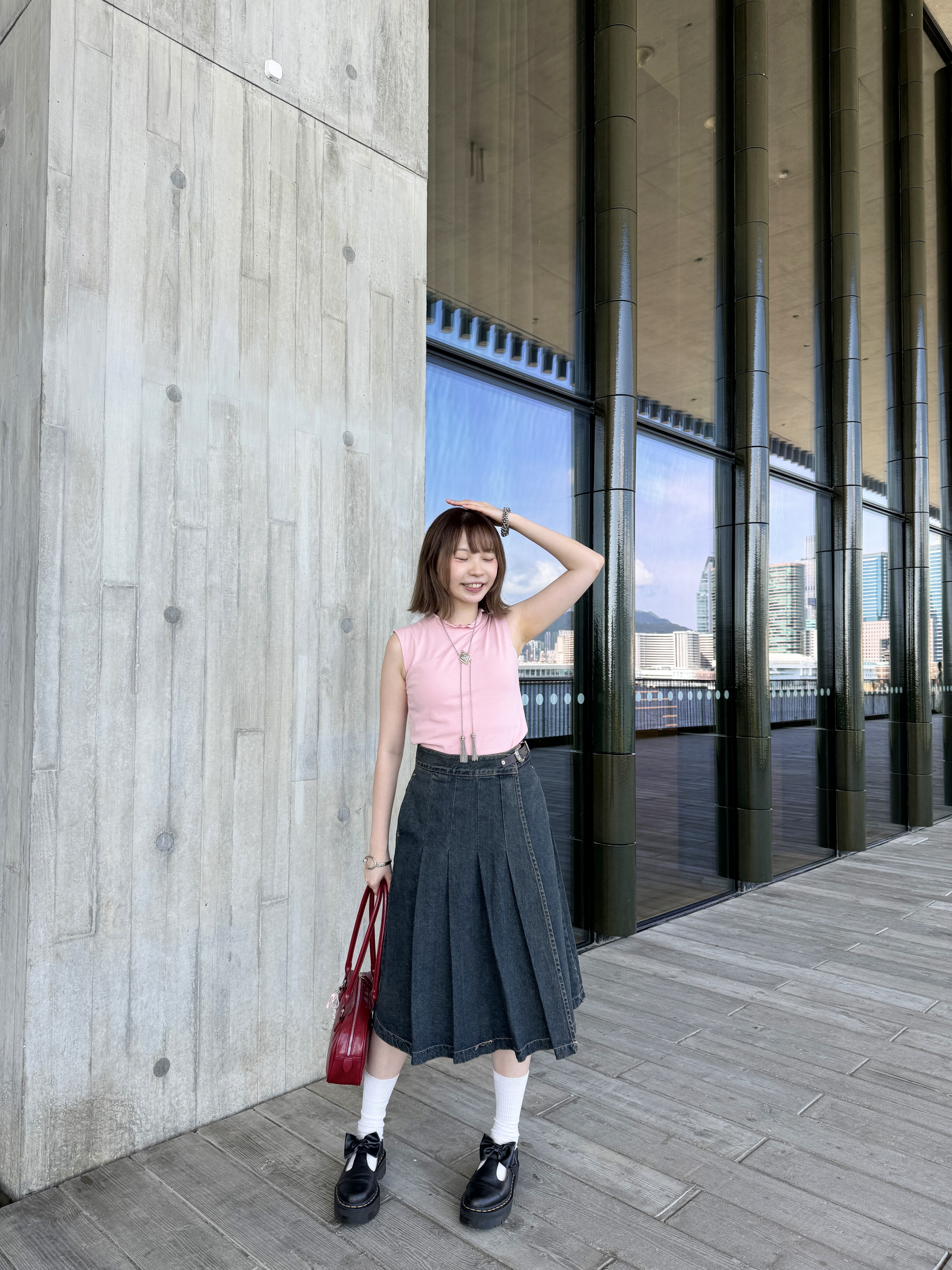 [兩色入]vintage扣百摺中裙 推 ( Blue )