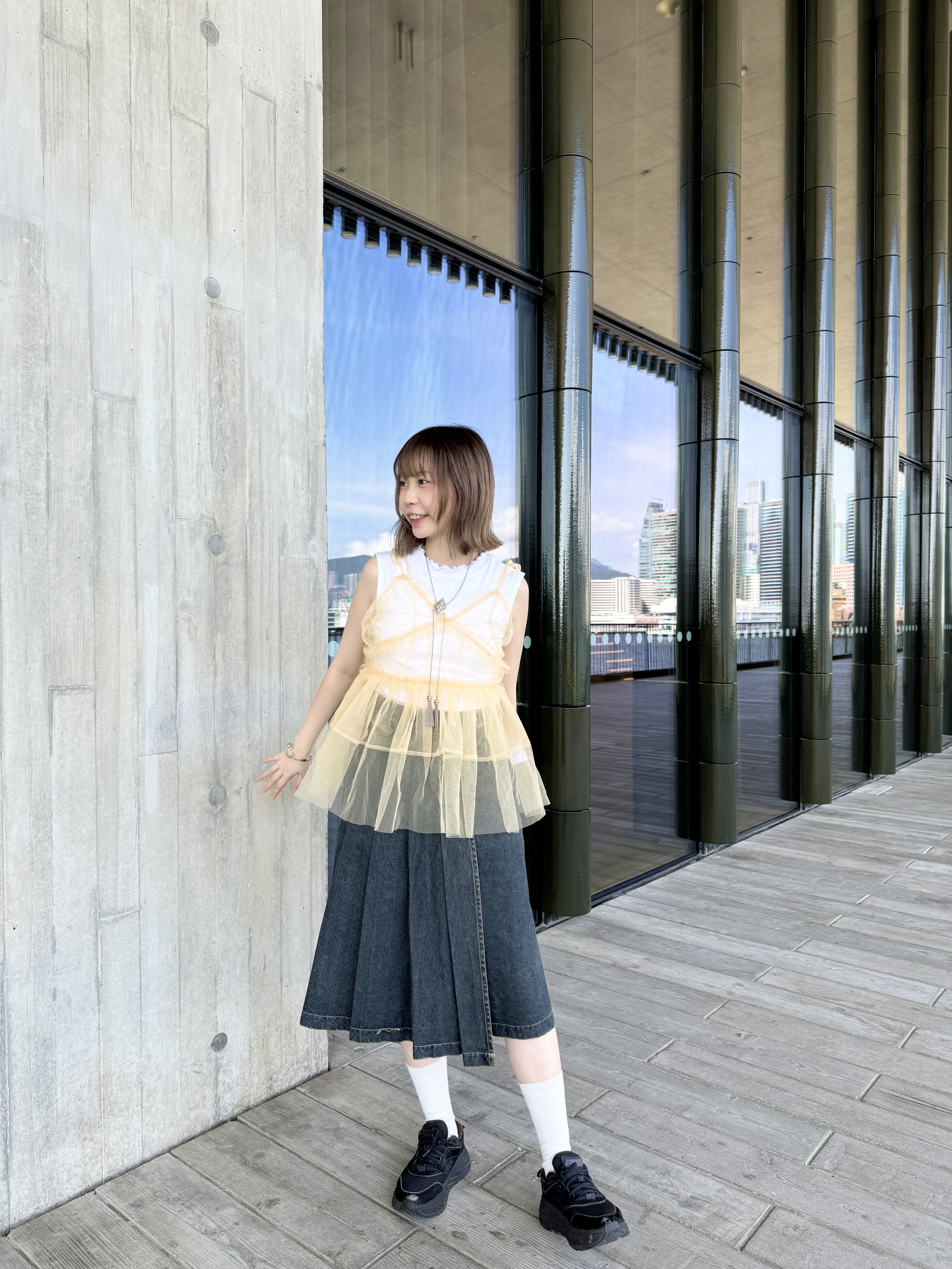 [兩色入]vintage扣百摺中裙 推 ( Blue )