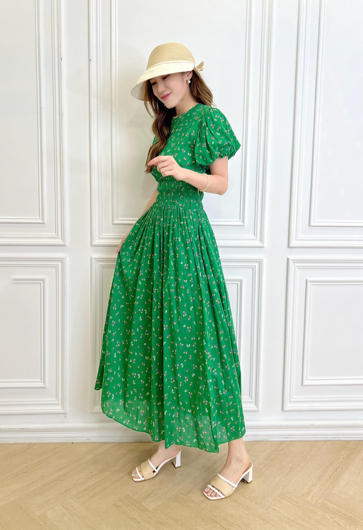 碎花澎袖鬆緊腰長洋