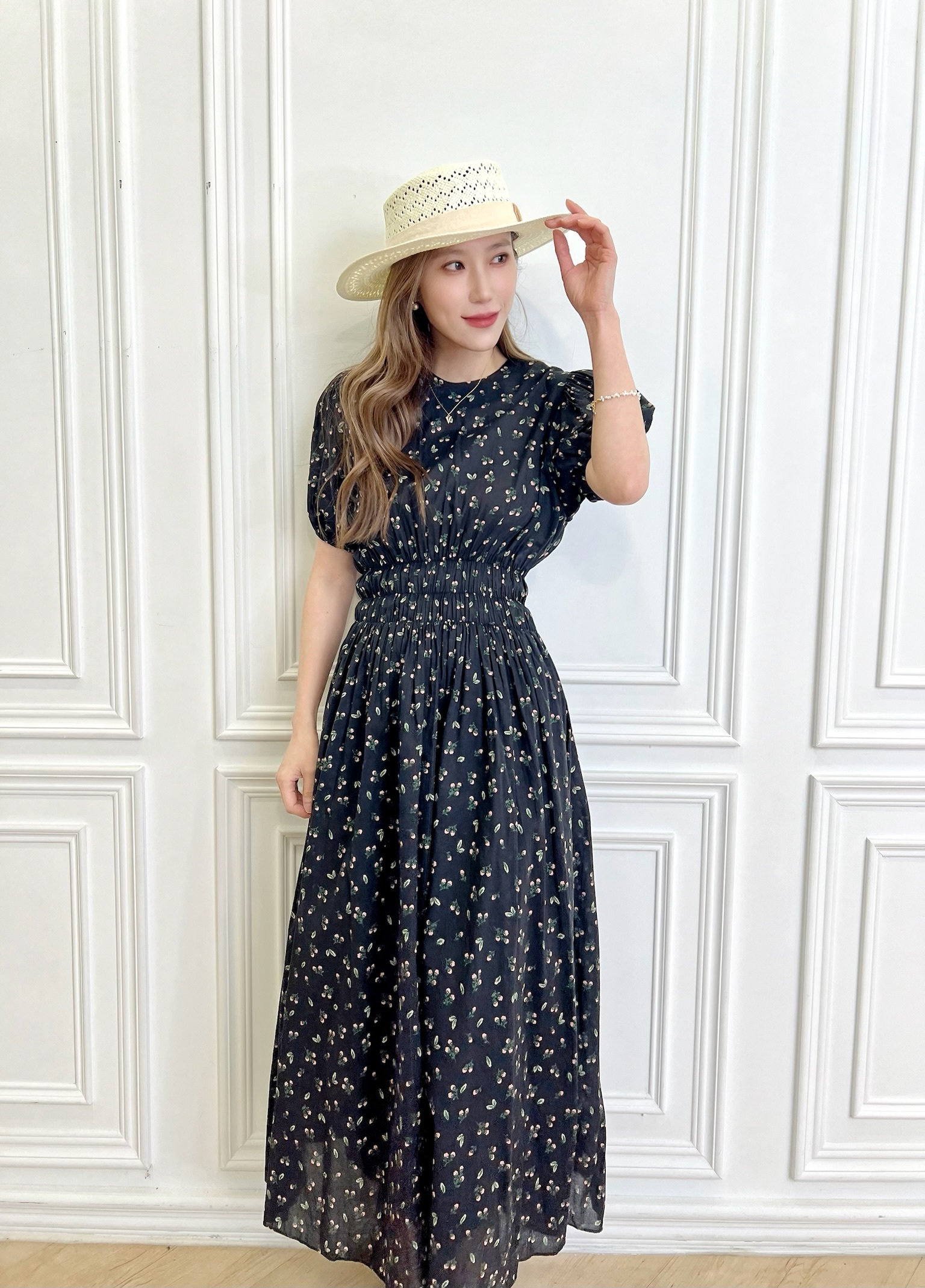 碎花澎袖鬆緊腰長洋