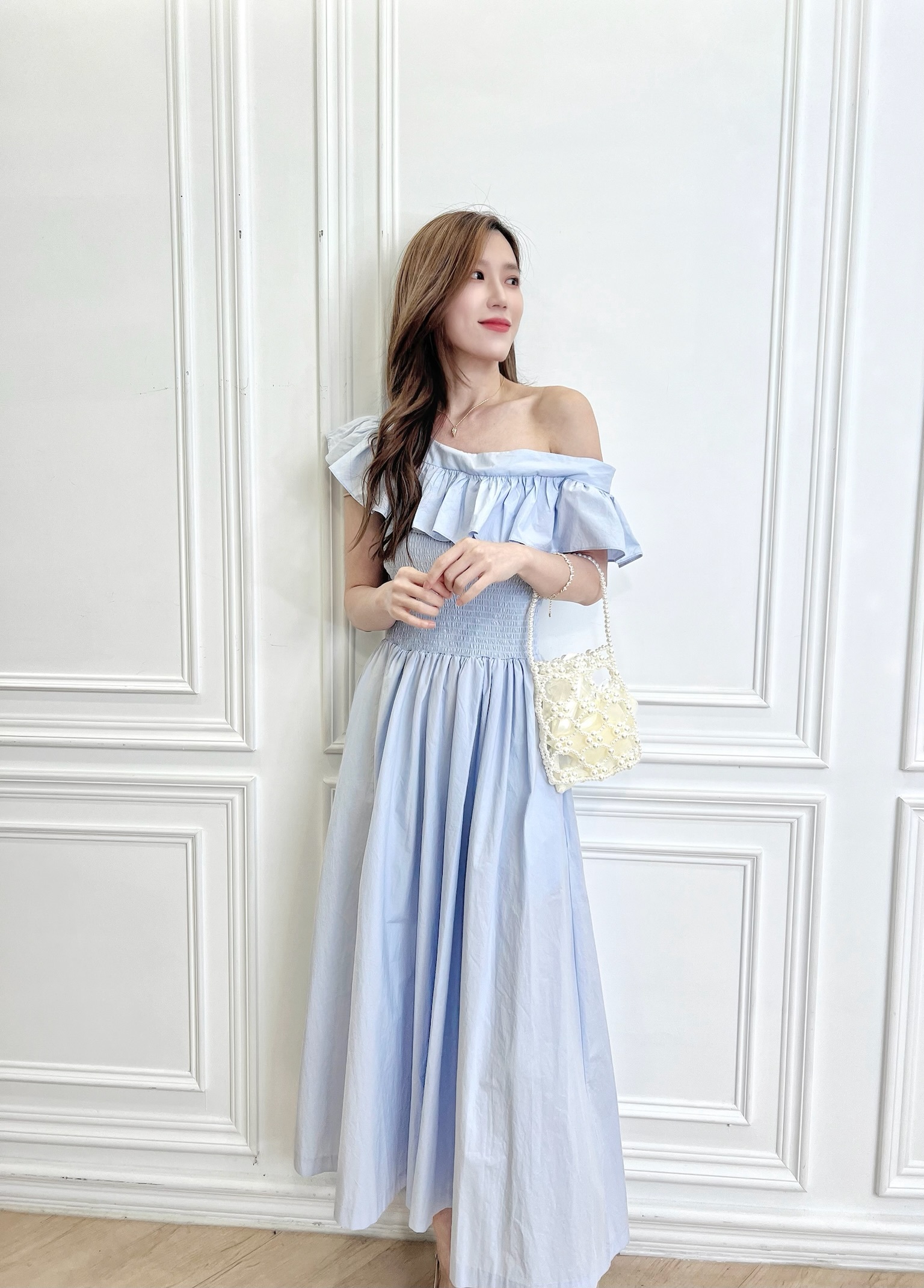 斜肩荷葉傘長洋