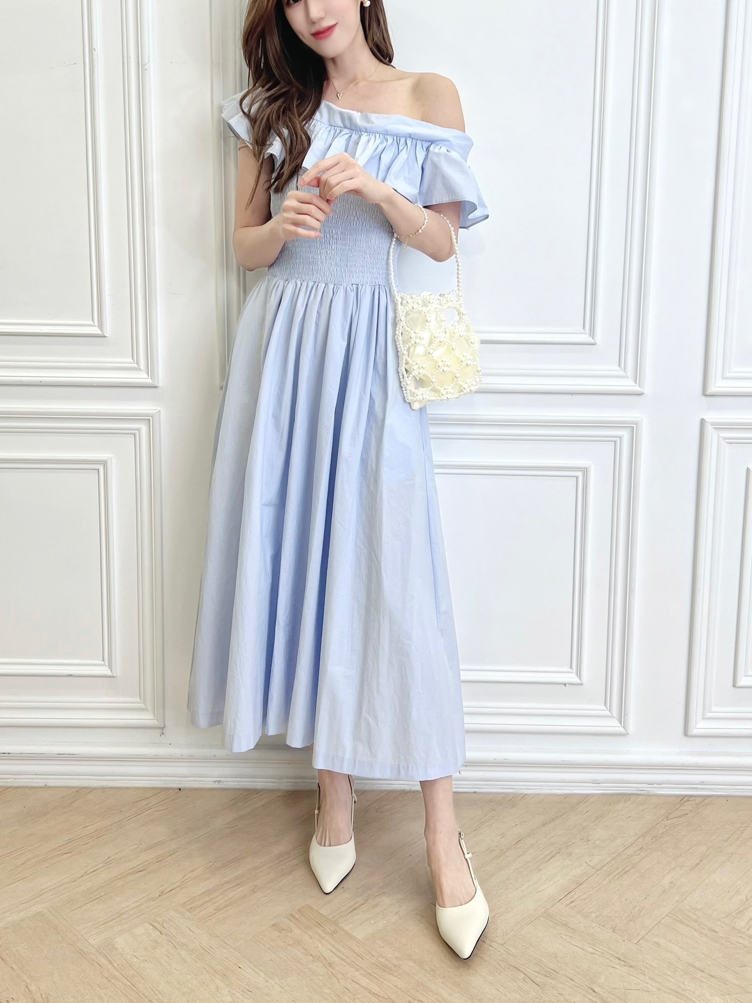 斜肩荷葉傘長洋