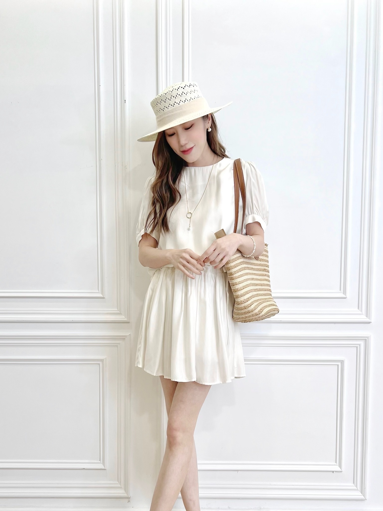 腰間抽繩綁帶短袖洋裝