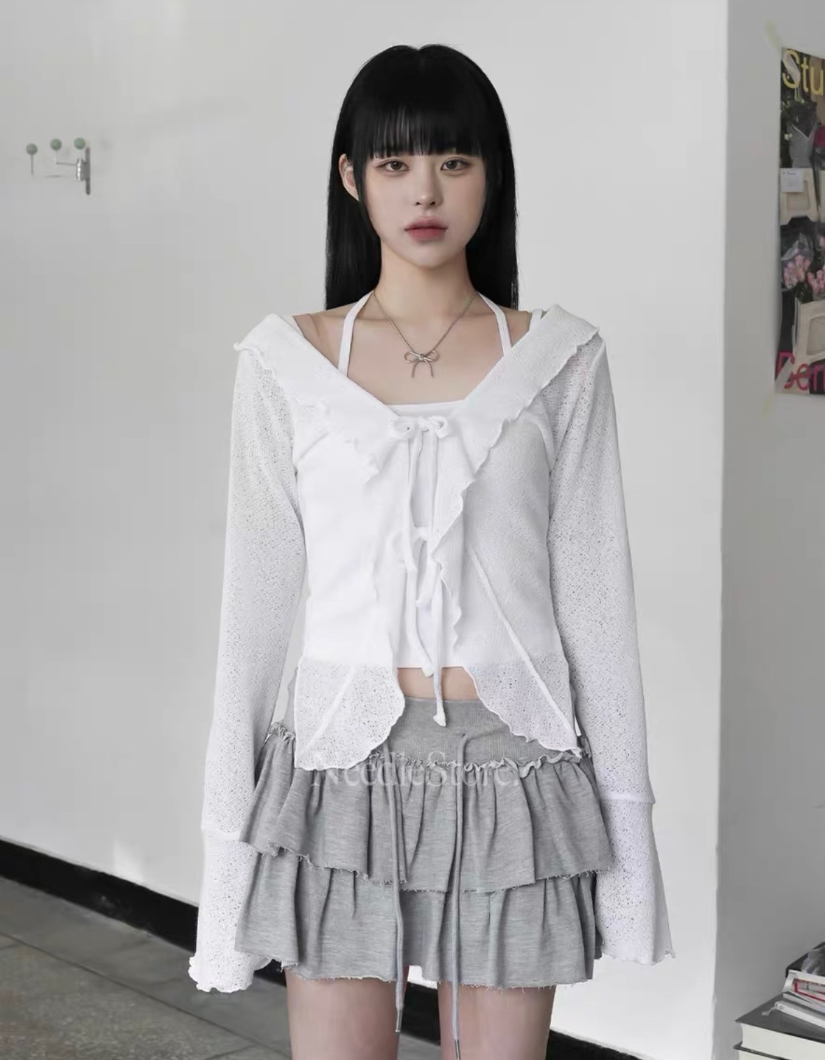 【優惠預訂】韓國荷葉邊喇叭袖綁繩外套（3色）