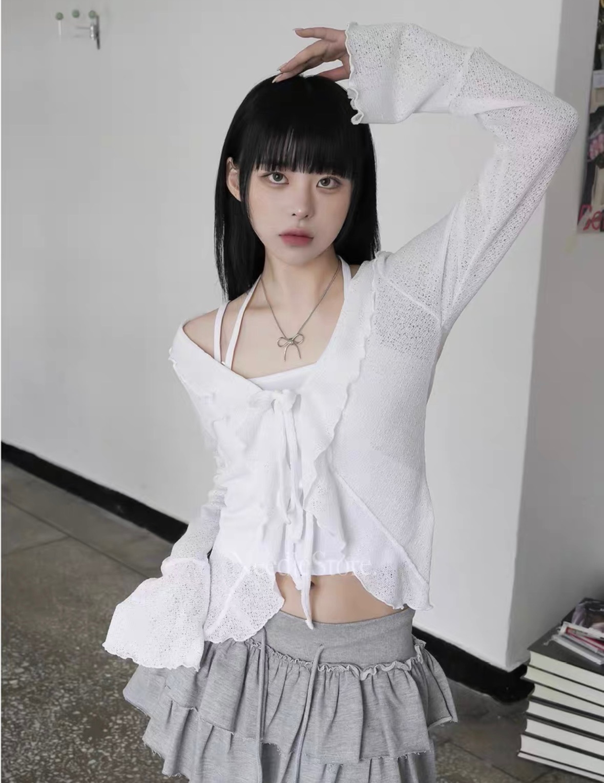 【優惠預訂】韓國荷葉邊喇叭袖綁繩外套（3色）