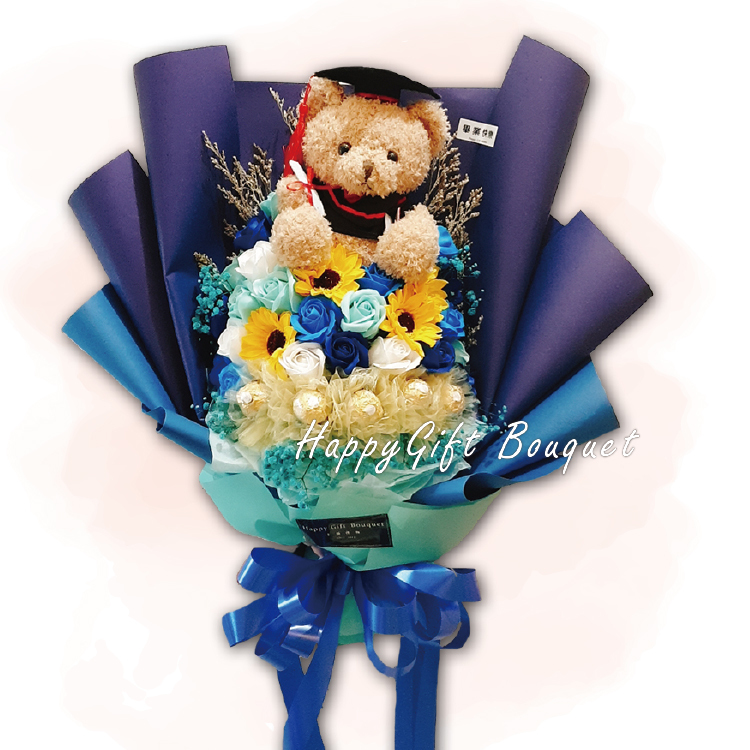 畢業熊香皂花束,畢業熊香皂花金莎花束,Graduation Bear Soap Bouquet,Graduation Bear Soap Flower Ferrero Rocher Bouquet