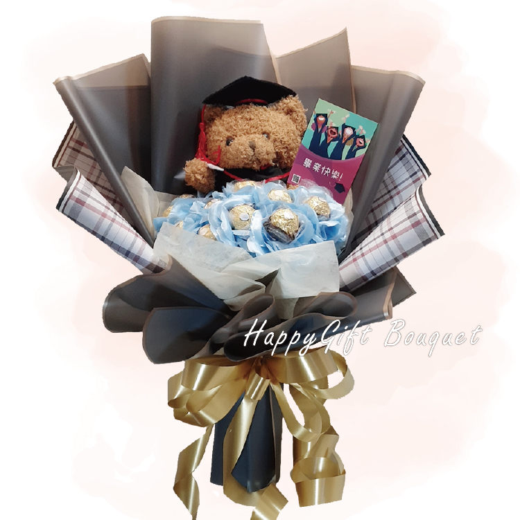 畢業熊香皂花束,畢業熊香皂花金莎花束,Graduation Bear Soap Bouquet,Graduation Bear Soap Flower Ferrero Rocher Bouquet