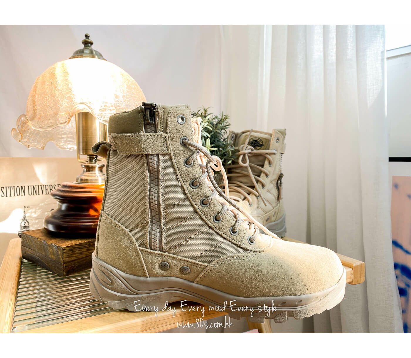 MLB -內側拉鏈 ‧ 綁帶 ‧ 尼龍料 拼 麂皮料 軍BOOTS (韓國)  【2217-1049 】