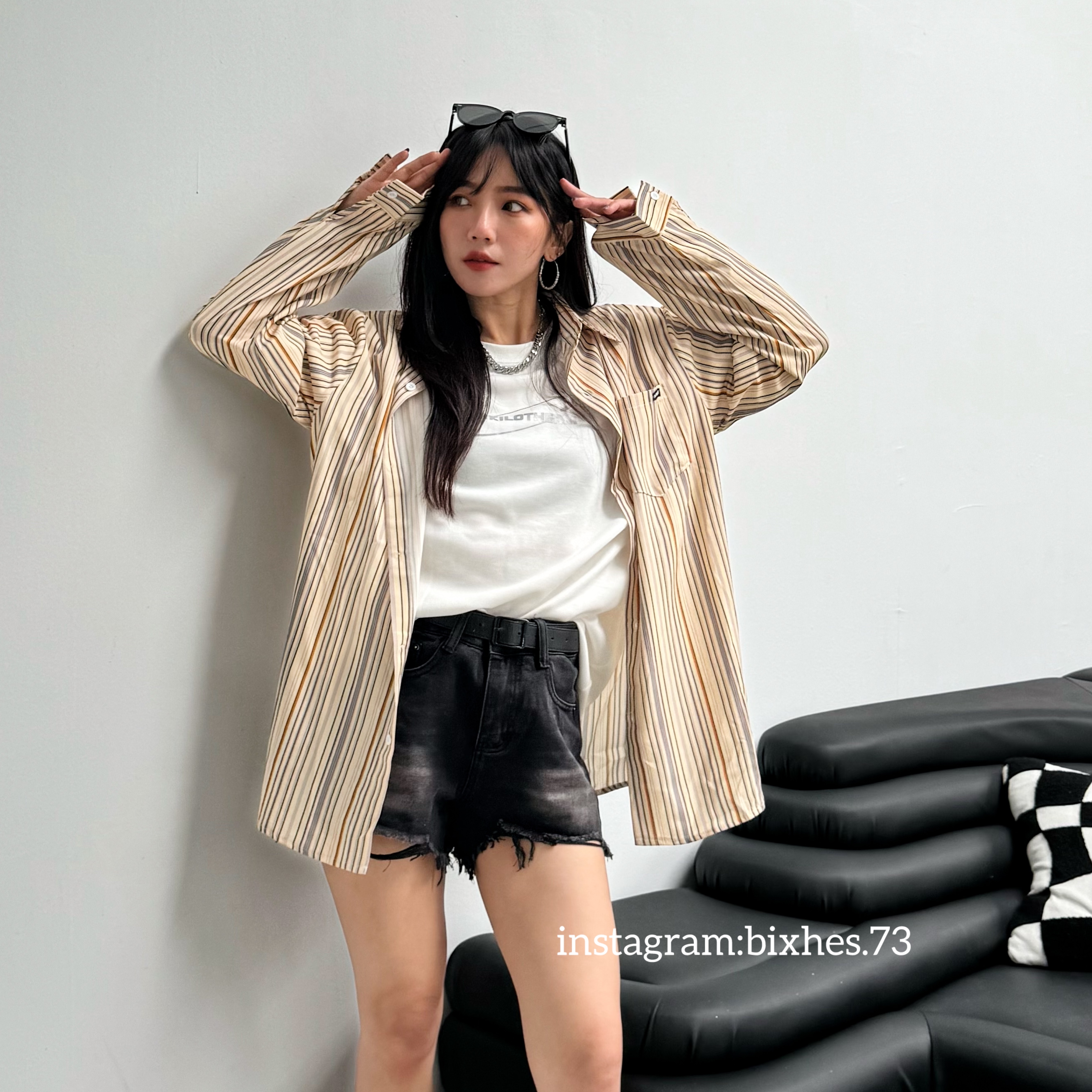 直條撞色長袖襯衫(G00042)