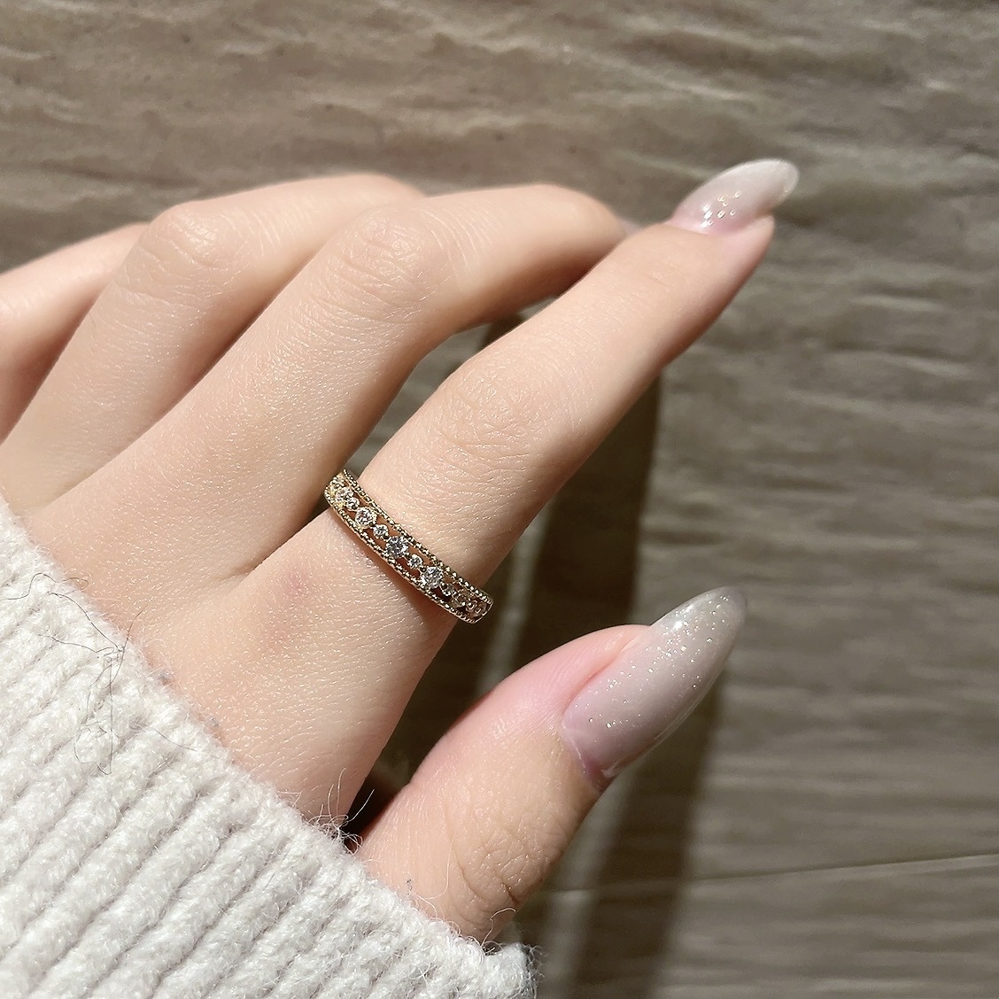 宮廷玫瑰淡金鑽蕾絲”活圍開口戒/現貨4