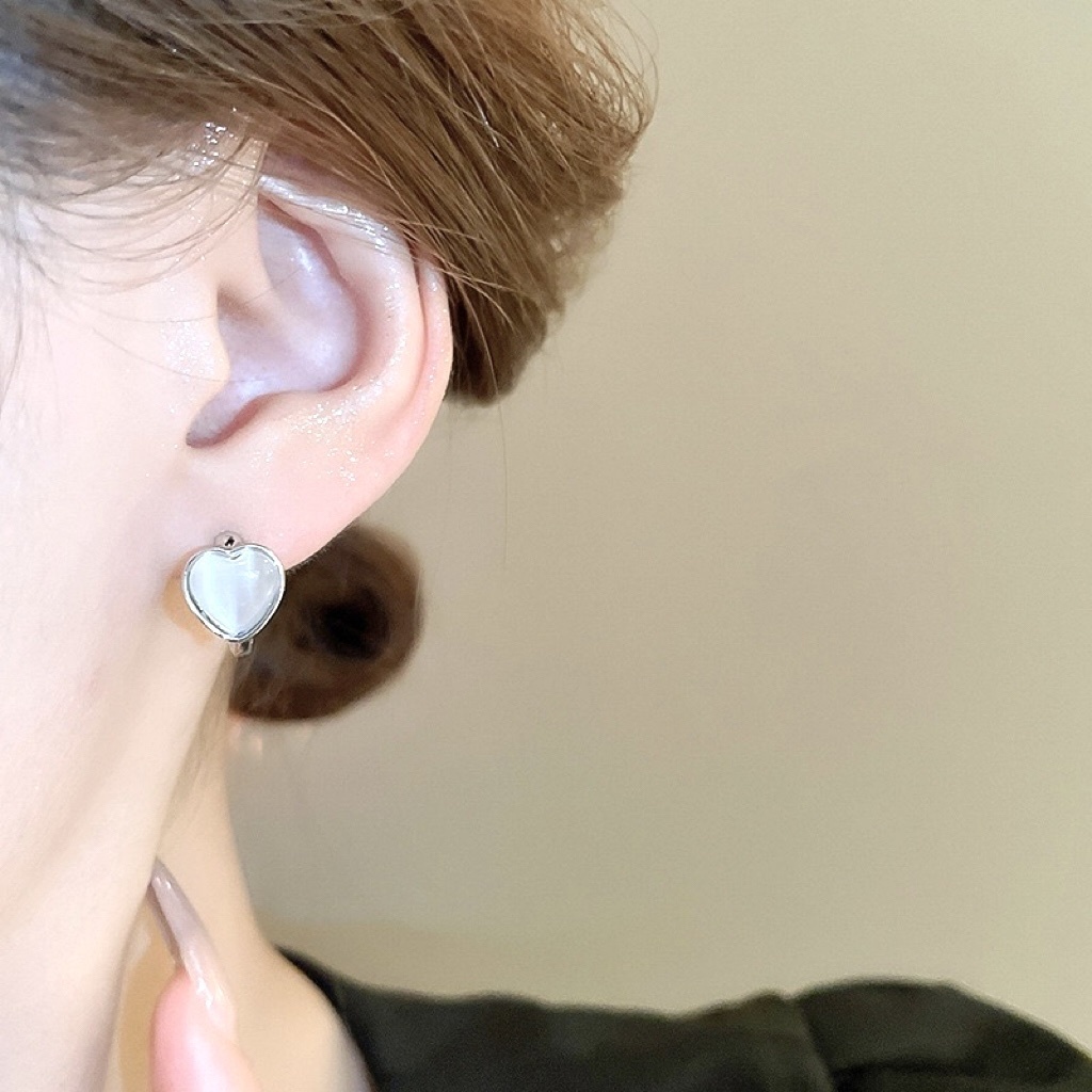 高級清冷琉璃藍白玉心 銀貓眼耳釦釘