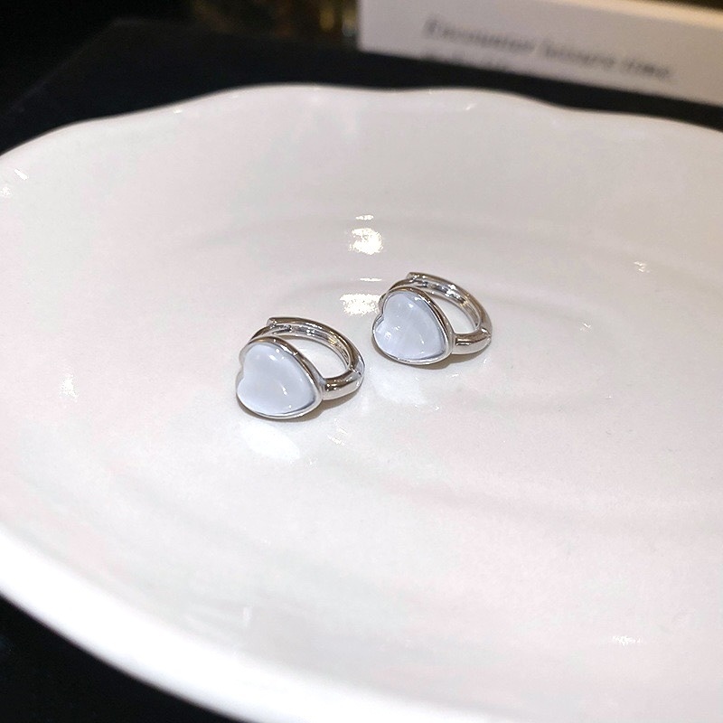 高級清冷琉璃藍白玉心 銀貓眼耳釦釘