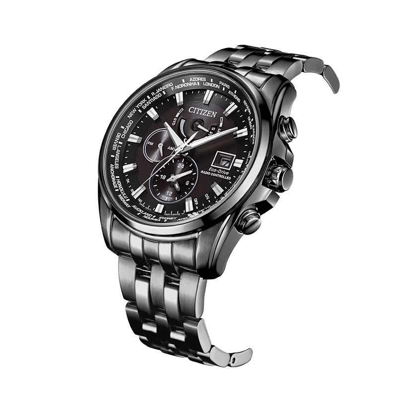 萬年鐘錶 - Citizen 星辰錶  酷黑系列光動能世界時間電波對時男錶 AT9127-80E 錶徑44.3MM