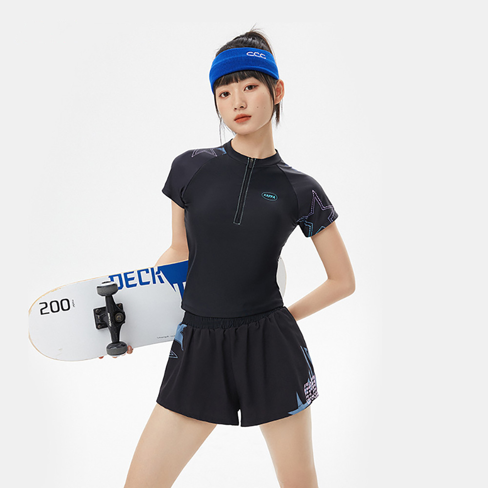 女士短袖內襯游泳防曬套裝 - 黑