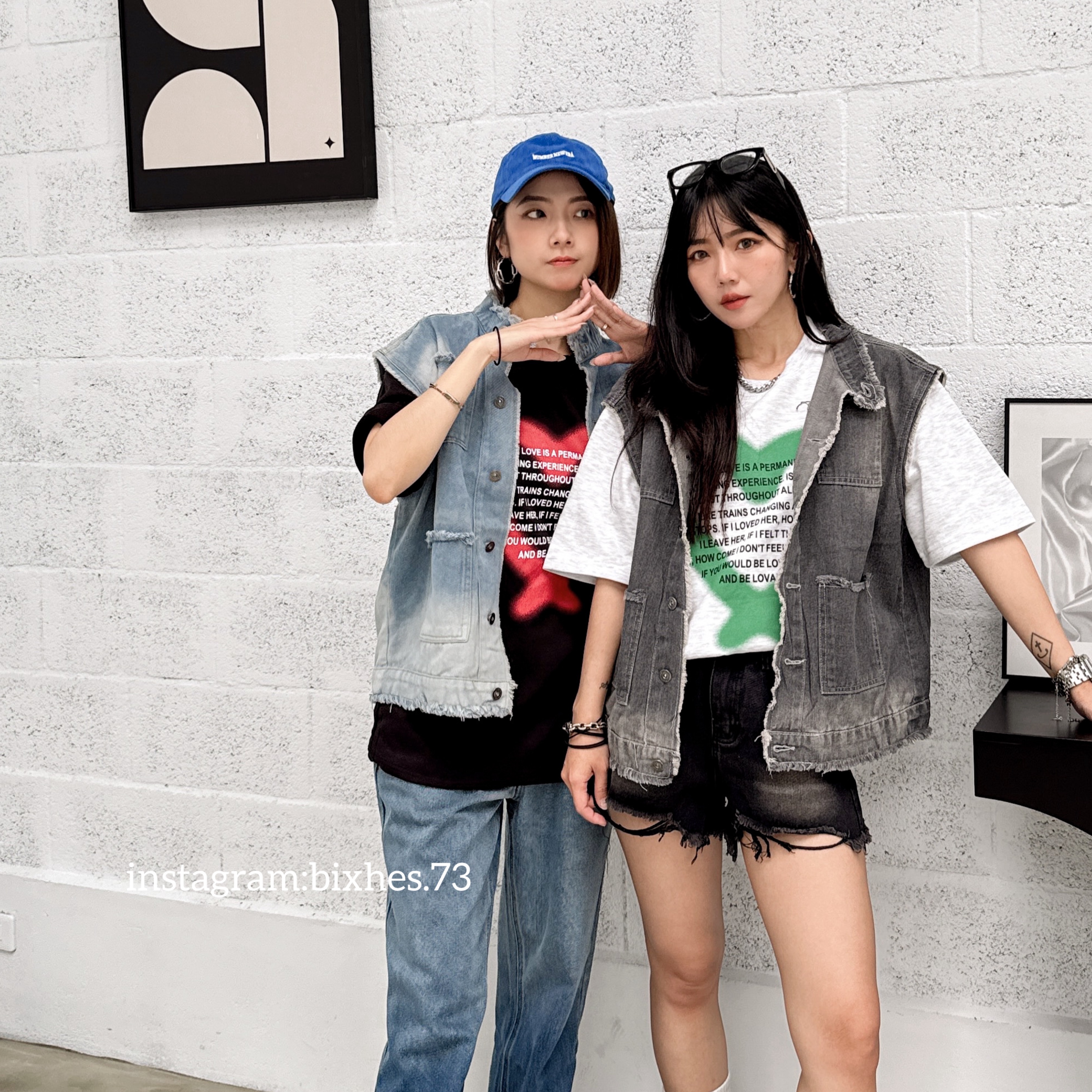 破壞刷色寬短牛仔背心(C00072)