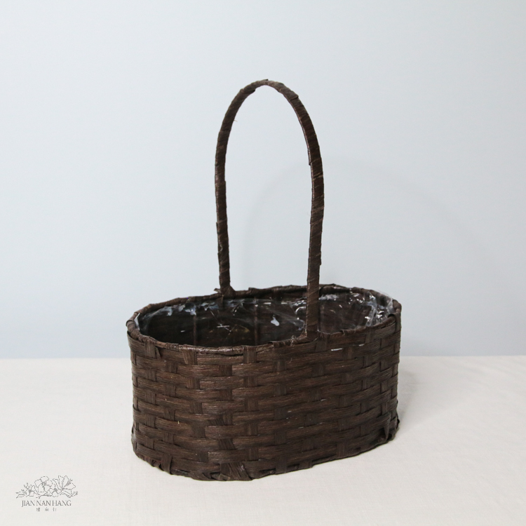 籐籃 橢圓形鐵架編籃 深咖