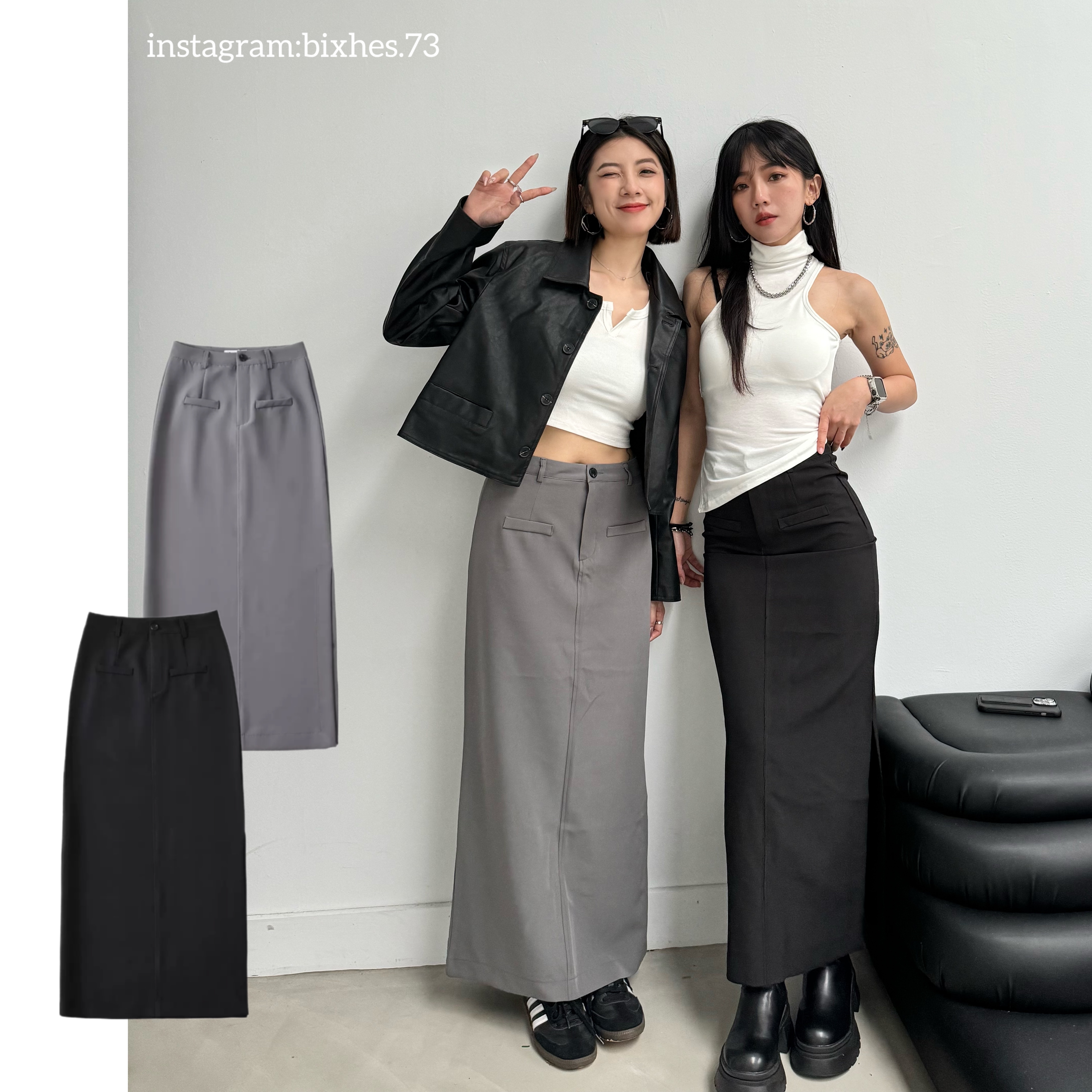 質感素面開衩西裝窄長裙(D00034)