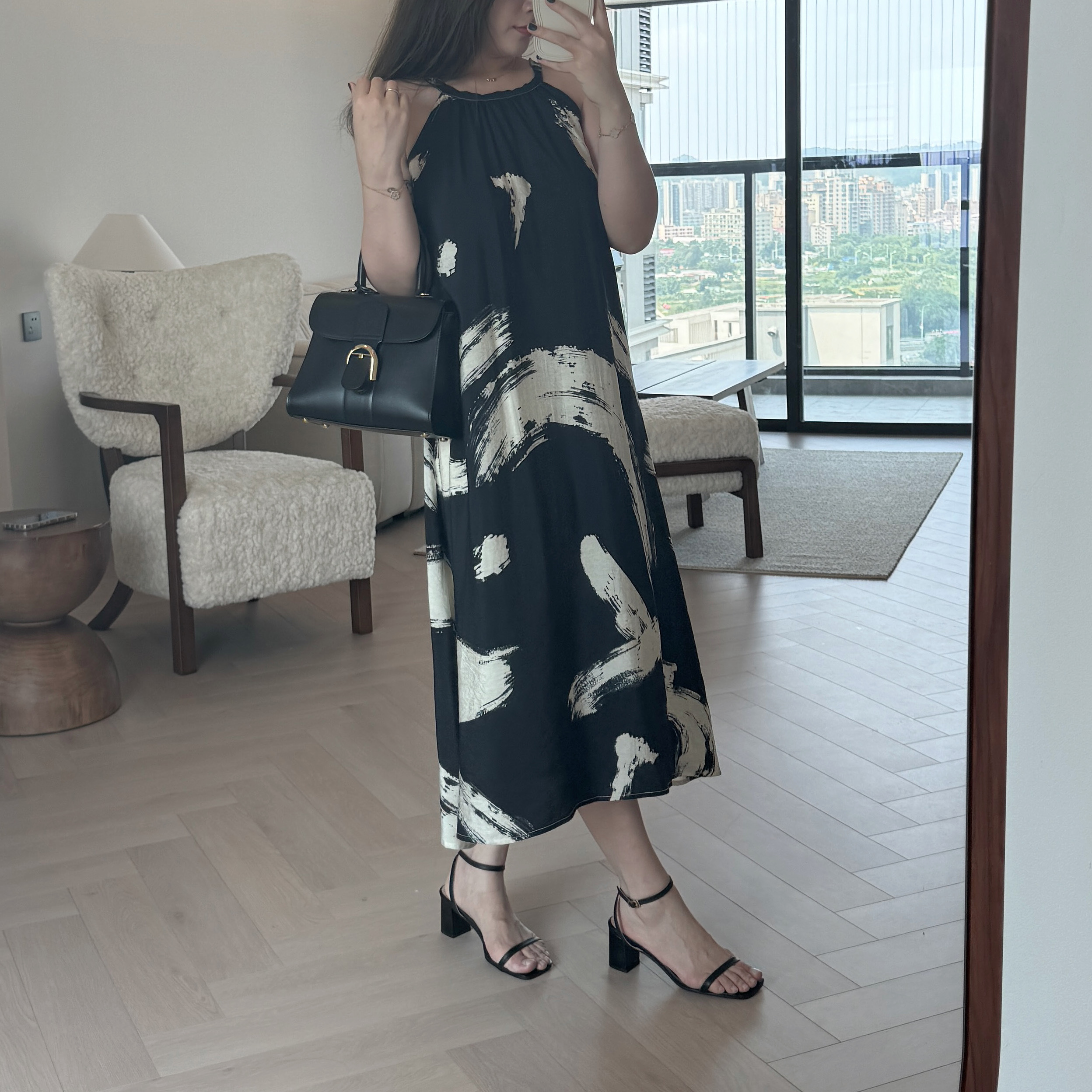 現貨[7056] 潑墨印花天絲印花長裙