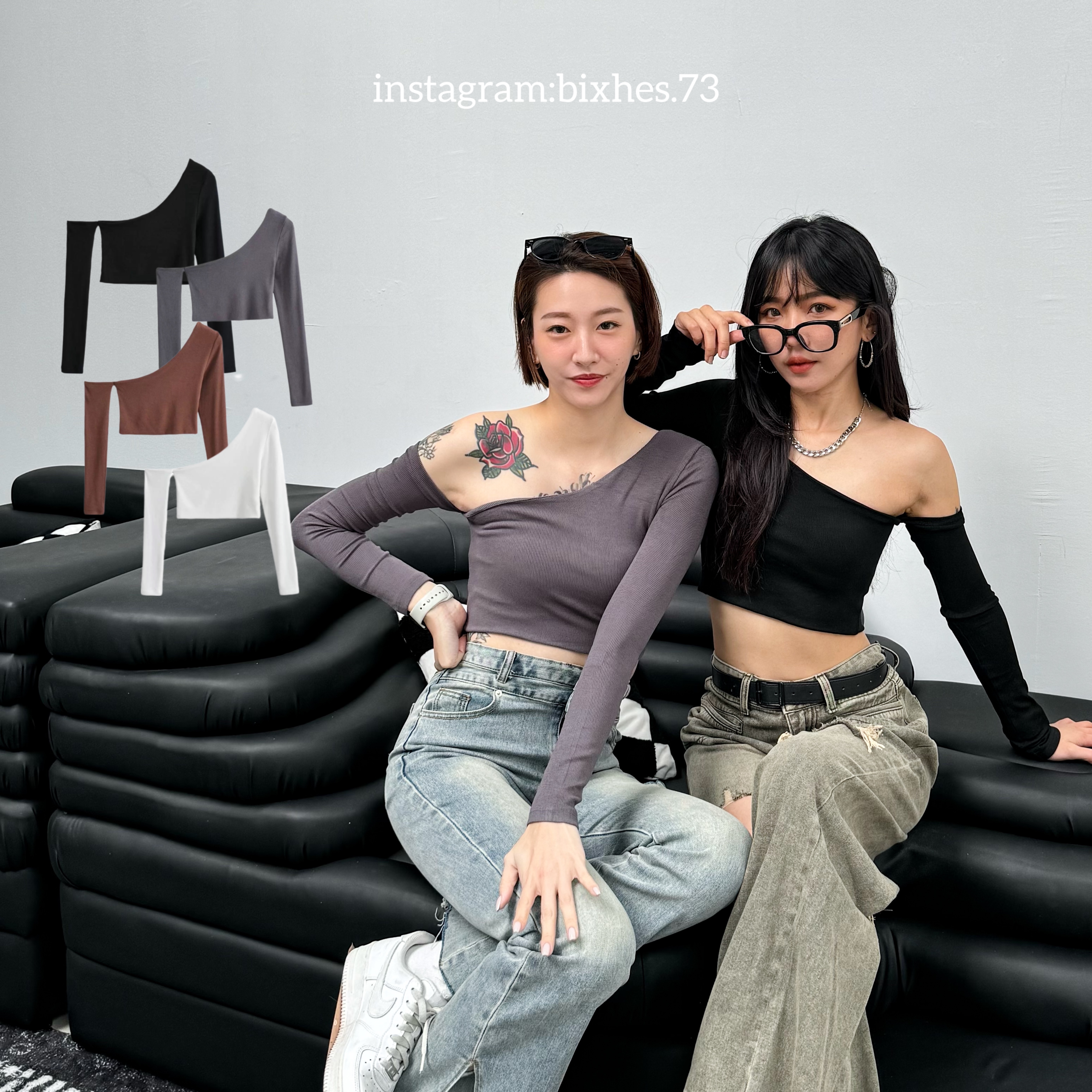 歐美大斜肩長袖短版T(B00088)