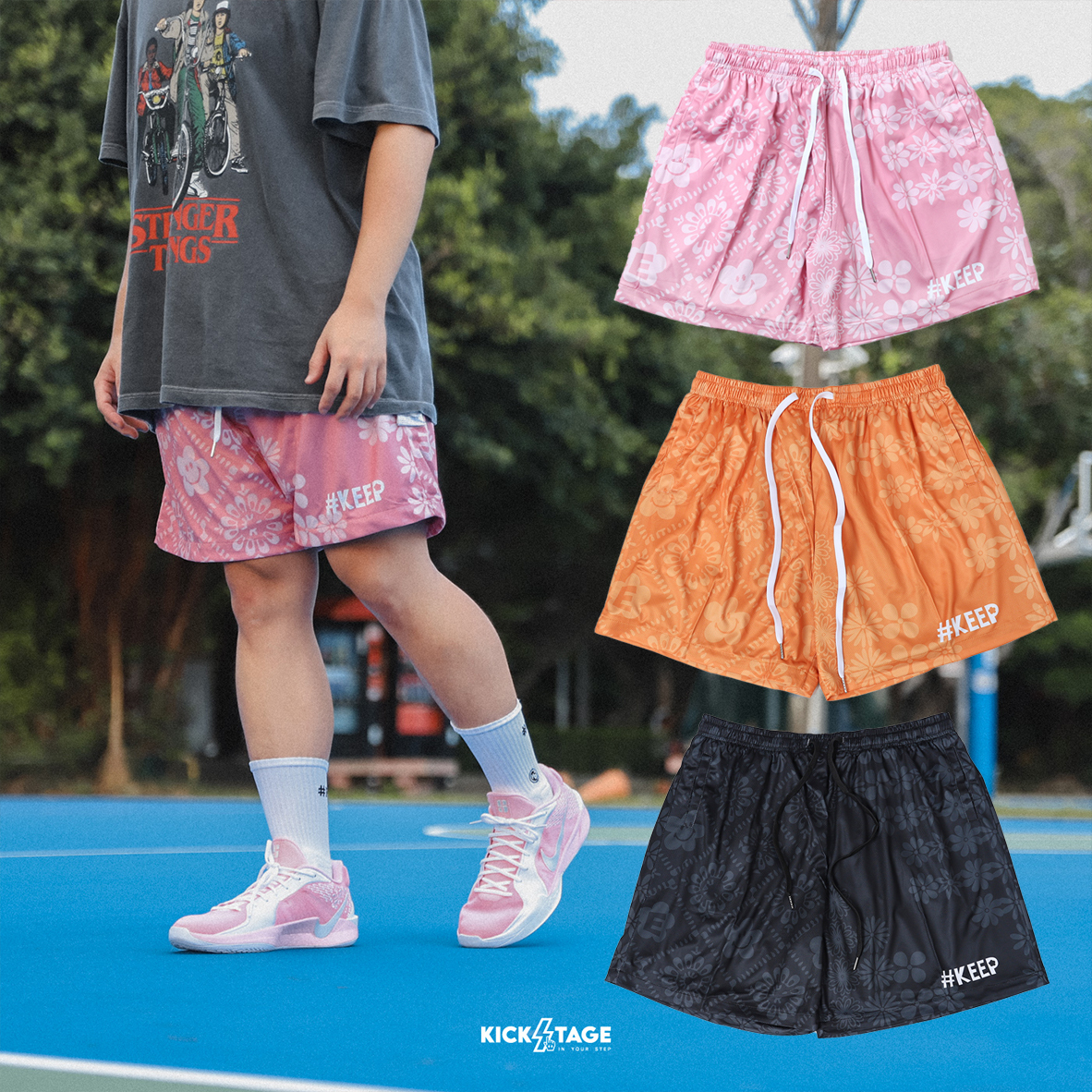 [6折售出無退換] #KEEP FLOWER SHORTS 粉色 黑色 橘色 微笑花朵 小花 內網眼 抽繩短褲 籃球褲 球褲 成人【KS167】ABshorts