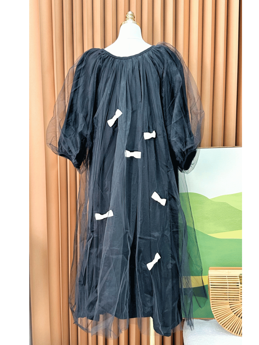 蝴蝶結網紗洋裝(黑色)