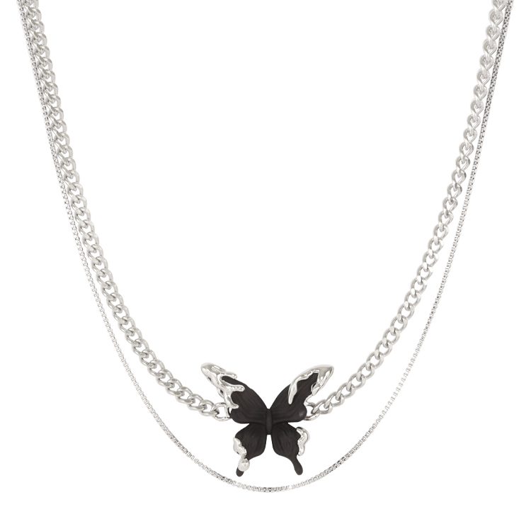 鍍銀項鍊，女士項鍊 立體蝴蝶綴飾；雙鍊拼接層次鮮明（3823黑色）