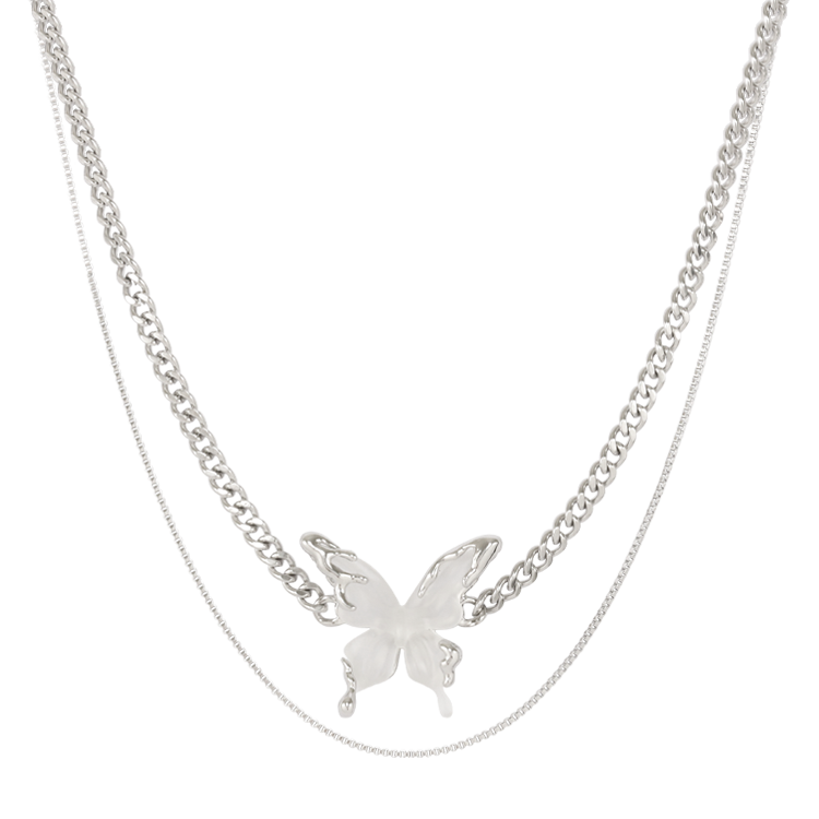 鍍銀項鍊，女士項鍊 立體蝴蝶綴飾；雙鍊拼接層次鮮明（3823白色）