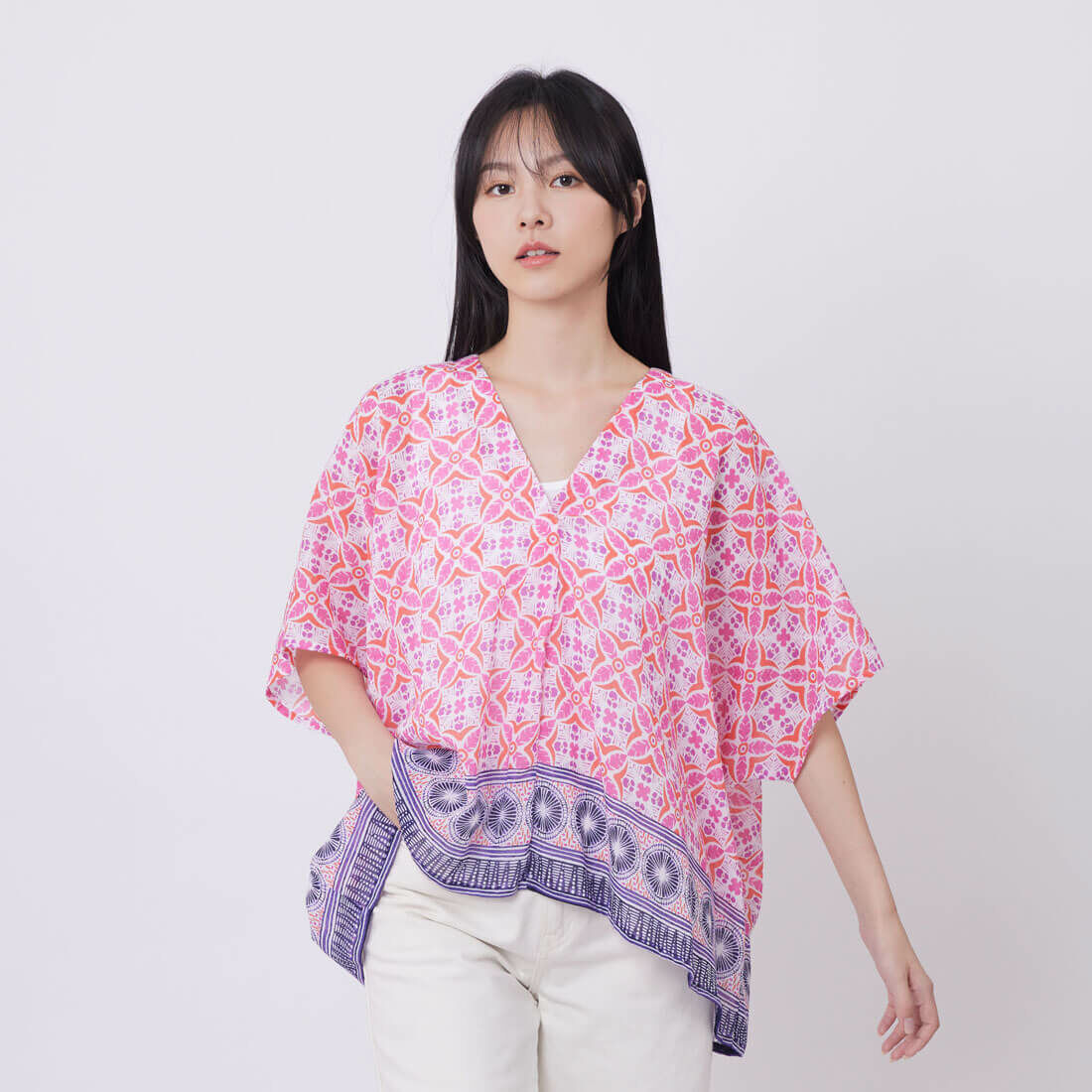 Morgan度假透紗印花V領落肩上衣/粉桃紅